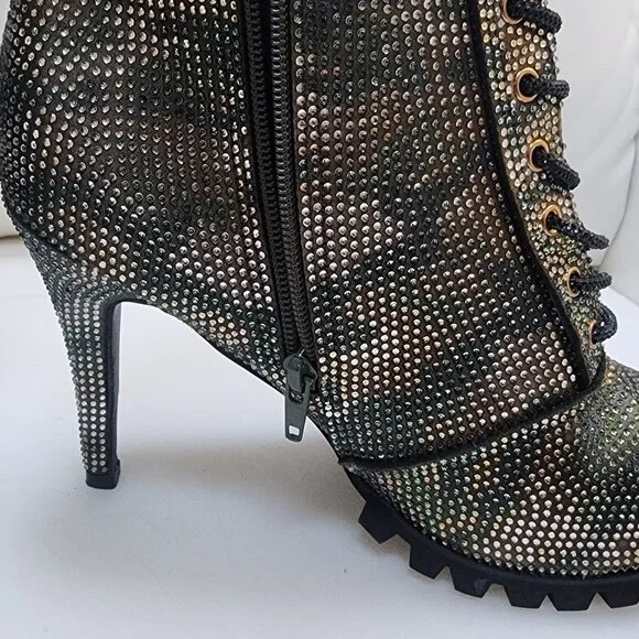 GLAM CAMO Crystal Studded Lug Sole Combat Stiletto Heel Boots - Size 10 LIKE NEW - Picture 5 of 10